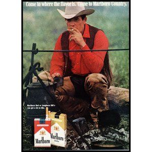 1970 Marlboro Cigarettes Vintage Print Ad Campfire Cooking Cowboy Hat Wall Art